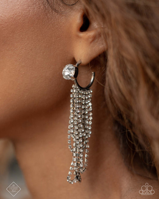 Ceaseless Chic - White - Rhinestone Fringe Paparazzi Hoop Earrings - March 2025 Fiercely 5th Avenue