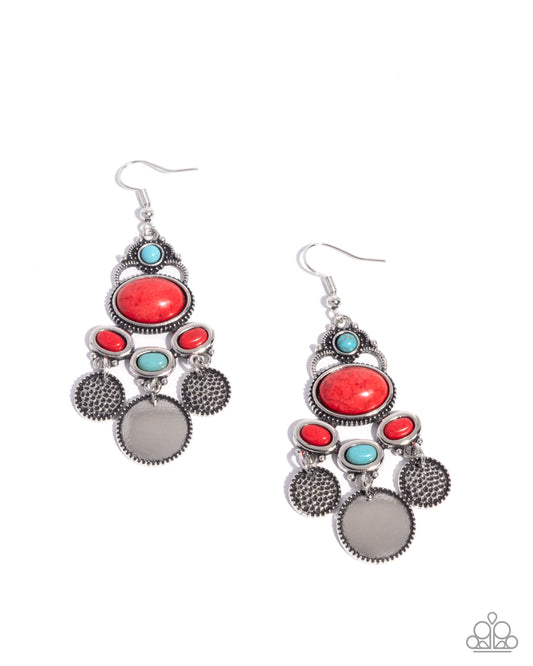 Chandelier Candor - Multi- Red & Turquoise Blue Crackle Stone Silver Disc Fishhook Earrings - Paparazzi Accessories