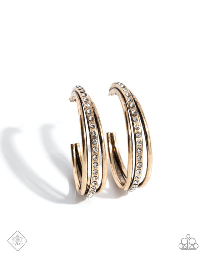 Commanding Culture - Gold - White Rhinestone Paparazzi Hoop Earrings - March 2025 Magnificent Musings