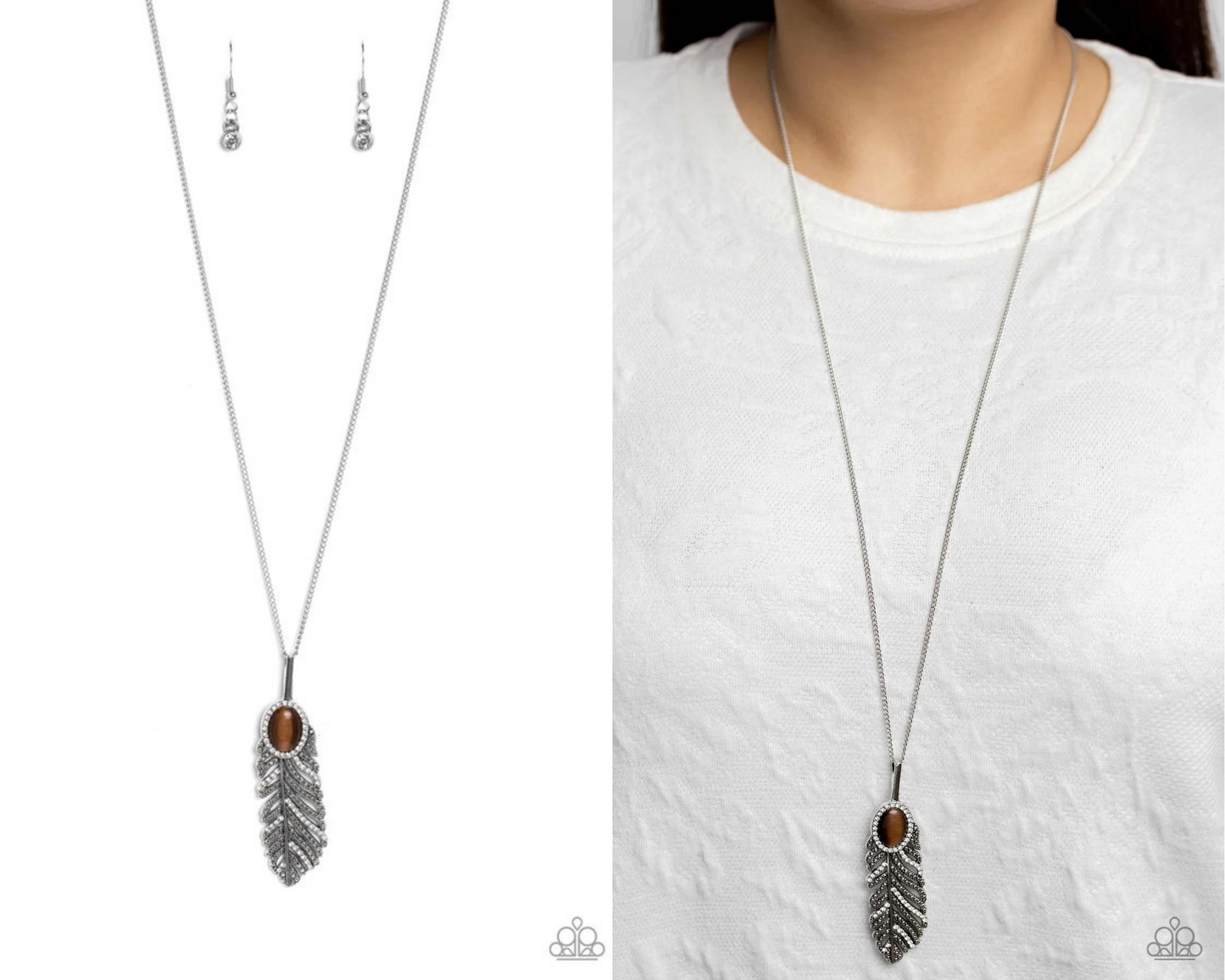 Pure-Quill-Power - Brown Cat's Eye Stone Silver Feather Necklace - Paparazzi Accessories