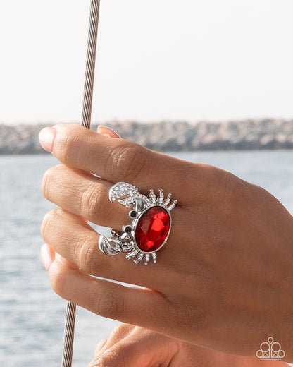Crab Confidence - Red Rhinestone Silver Ring - Empower Me Pink Exclusive 2025 - Paparazzi Accessories