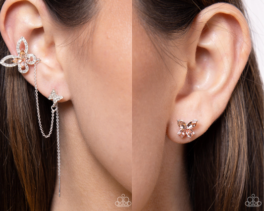 Threaded Travel - Orange Gem Butterfly Silver Post Threader Earrings - Paparazzi Accessories