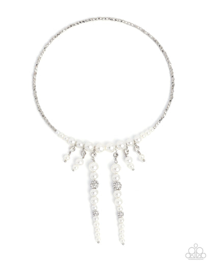 Darling Decade - White Pearl Silver Open-Ended Necklace - Empower Me Pink Exclusive 2025 - Paparazzi Accessories