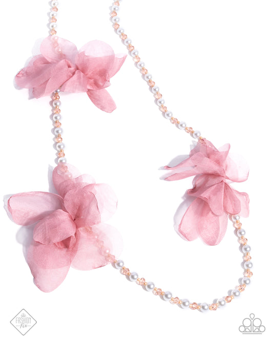Darling Dimension - Pink Crystal Beads & Chiffon White Pearl Necklace - Paparazzi Accessories