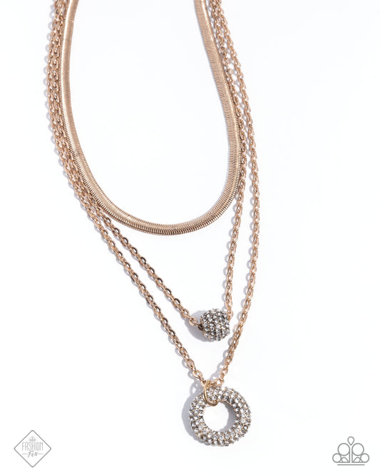 Dominant Dignity - Gold - Tiered Chain White Rhinestone Paparazzi Short Necklace - March 2025 Magnificent Musings