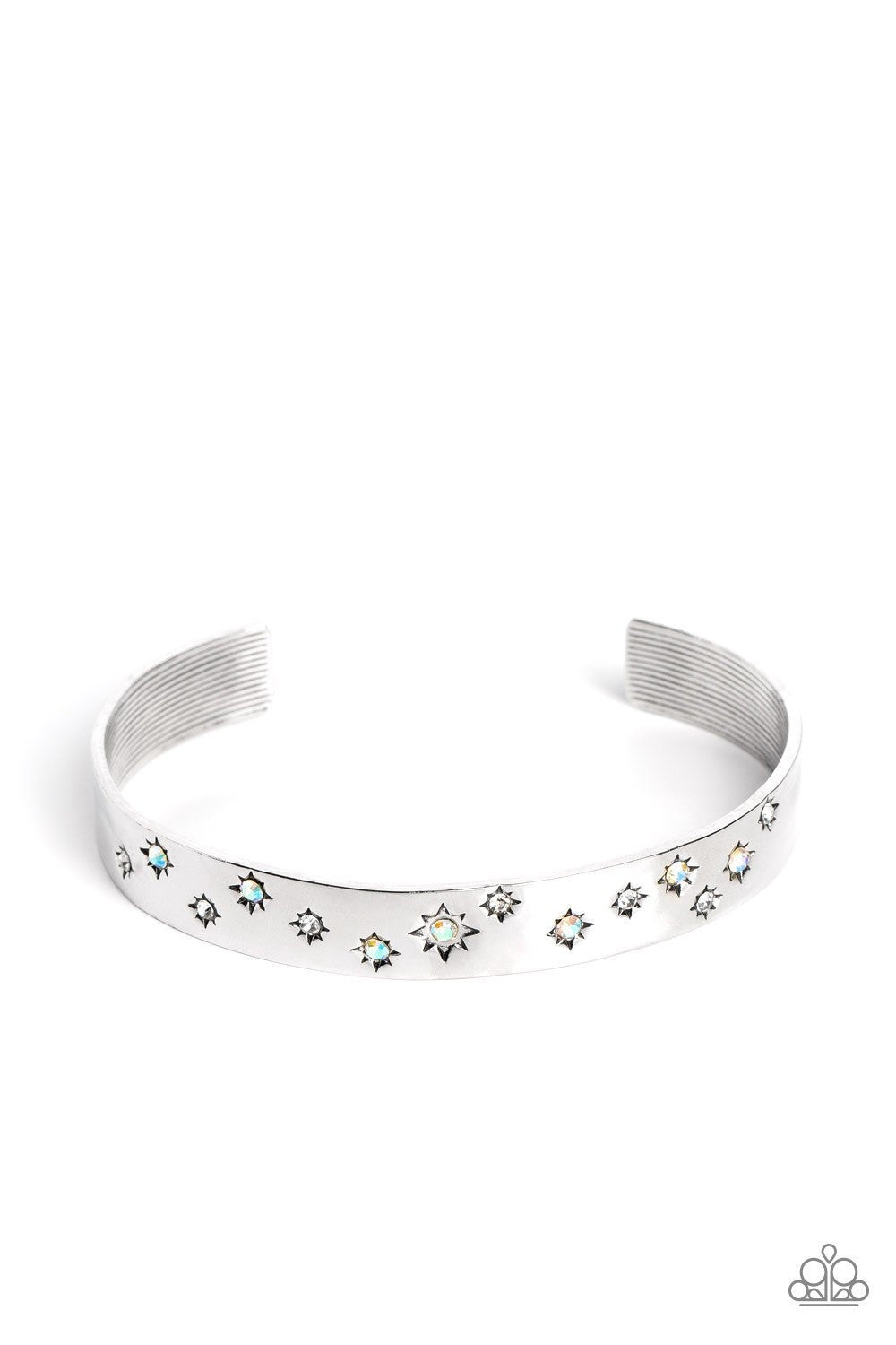 Starburst Shimmer - White Iridescent Rhinestone Silver Cuff Bracelet - Paparazzi Accessories