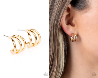 TRIPLE Down - Gold Mini Hoop Earrings - Paparazzi Accessories