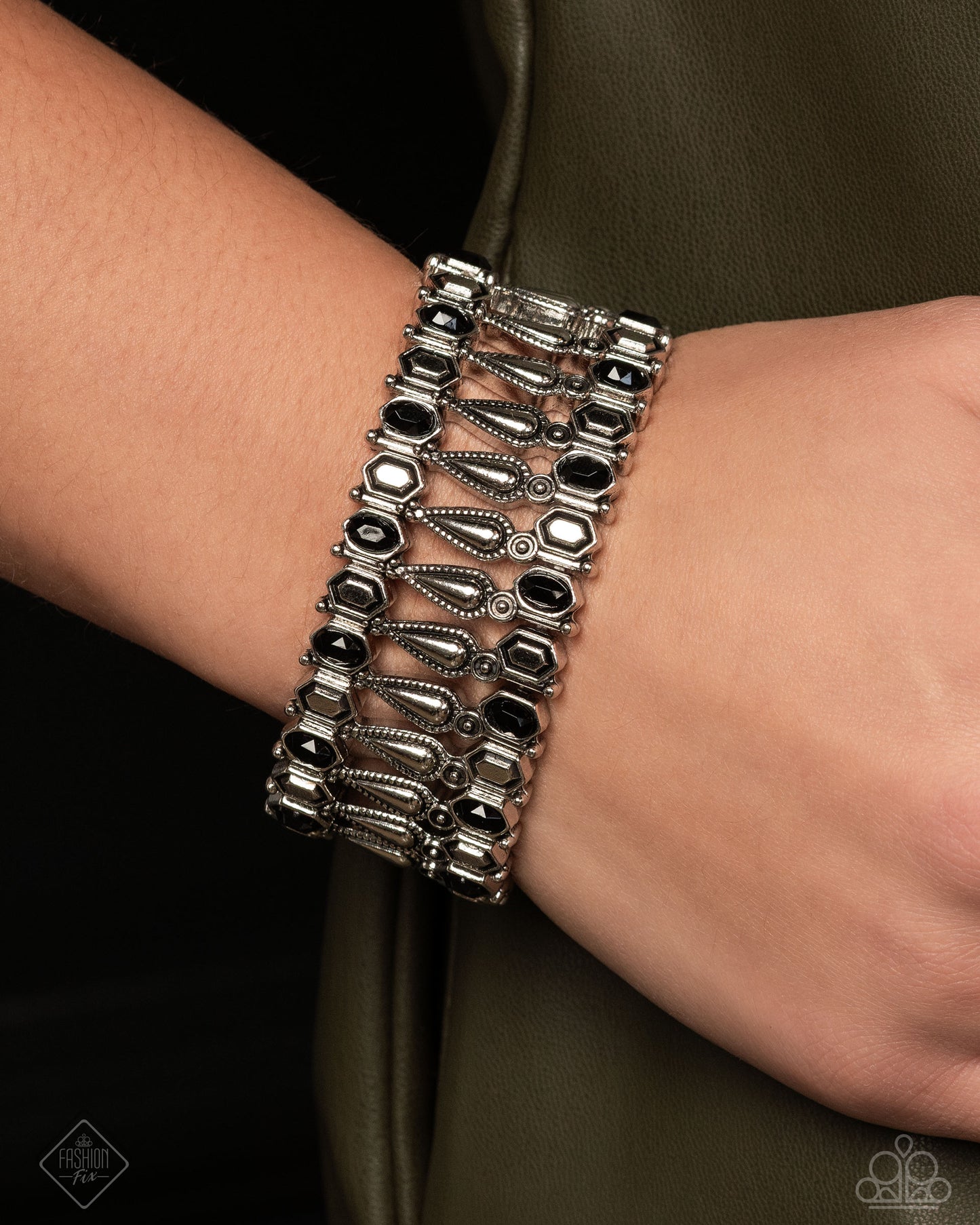 Festival Fencing - Black & Silver Stretchy Bracelet - Paparazzi Accessories