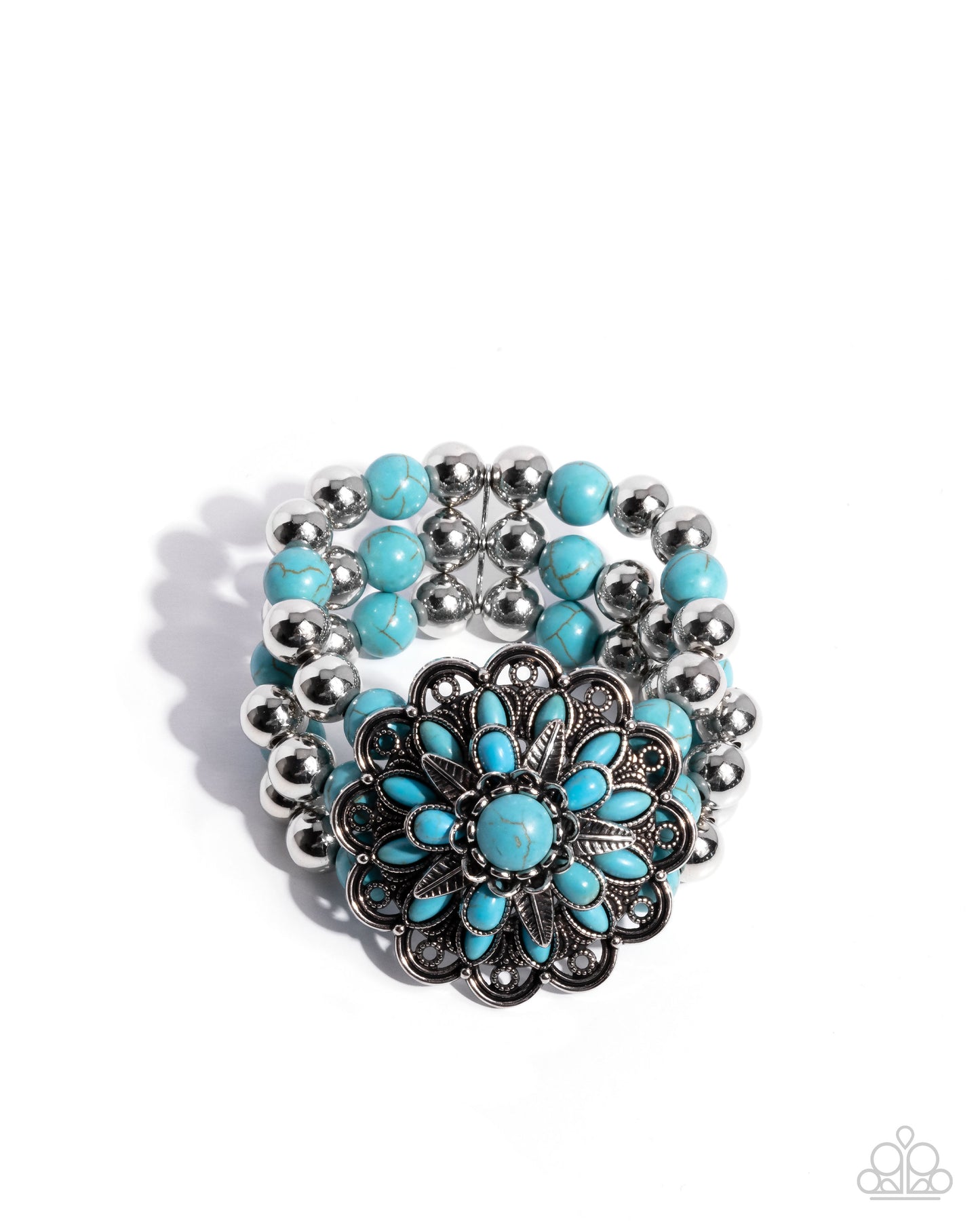 Floral Figment - Blue Turquoise Marble Stone Silver Flower Stretchy Bracelet - Empower Me Pink Exclusive 2025 - Paparazzi Accessories