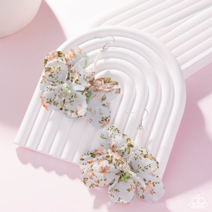 Flourishing Fantasia - Blue Fabric Petal Silver Fishhook Earrings - Empower Me Pink Exclusive 2025 - Paparazzi Accessories