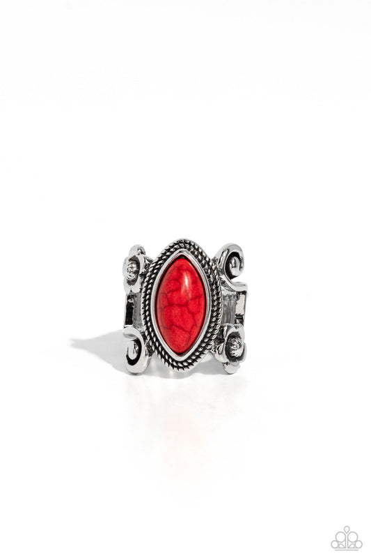 Flower SWIRL - Red Crackle Stone Silver Ring - Paparazzi Accessories