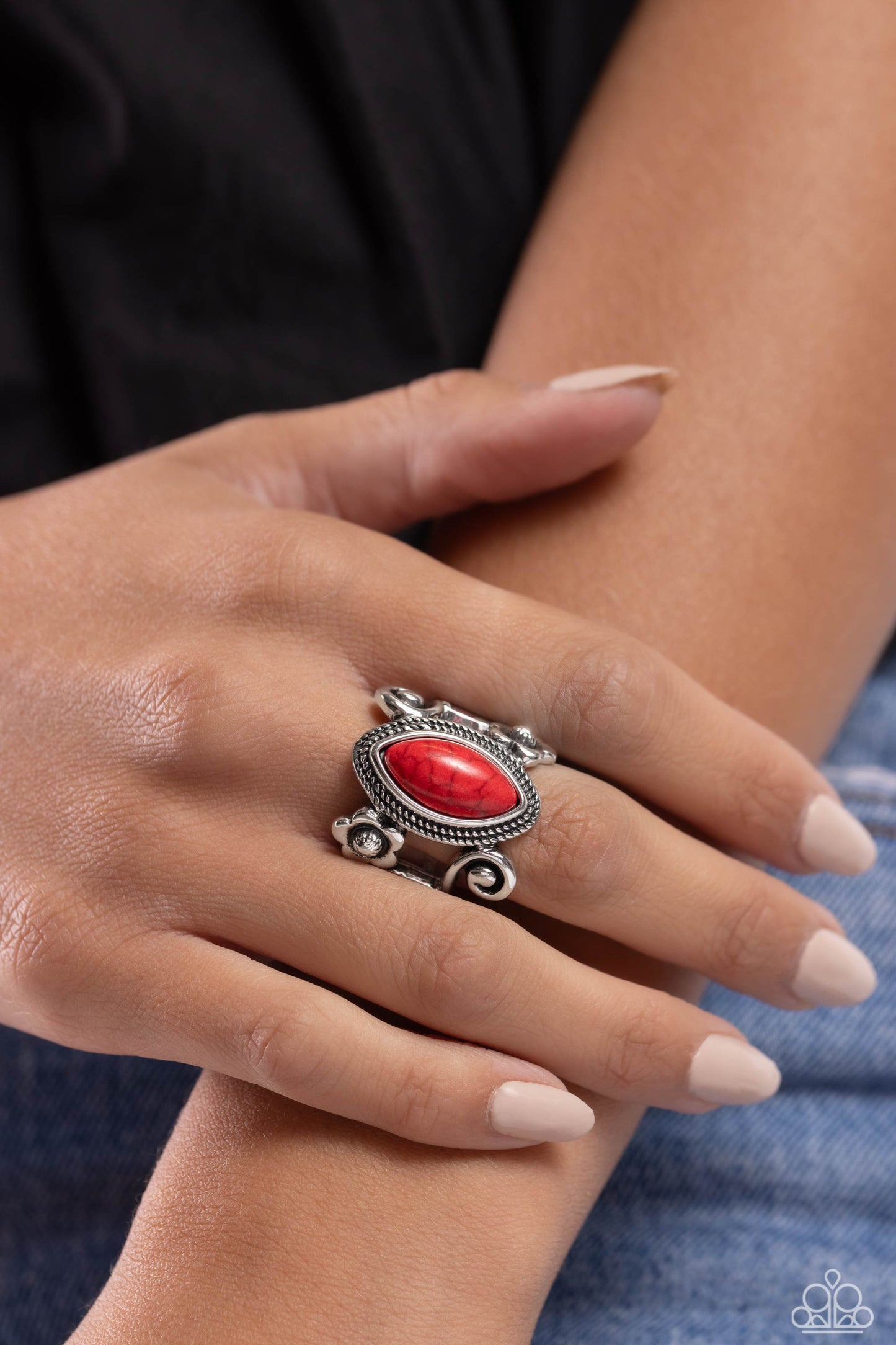 Flower SWIRL - Red Crackle Stone Silver Ring - Paparazzi Accessories