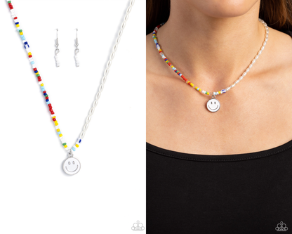 Smiling Showdown - White Pearl Multicolored Seed Bead Necklace - Paparazzi Accessories
