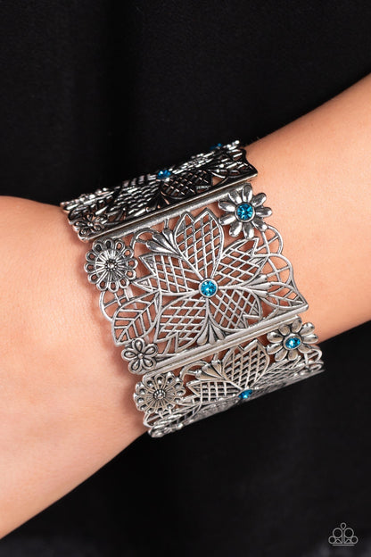 Garden City - Blue Rhinestone Floral Filigree Stretchy Bracelet - Paparazzi Accessories