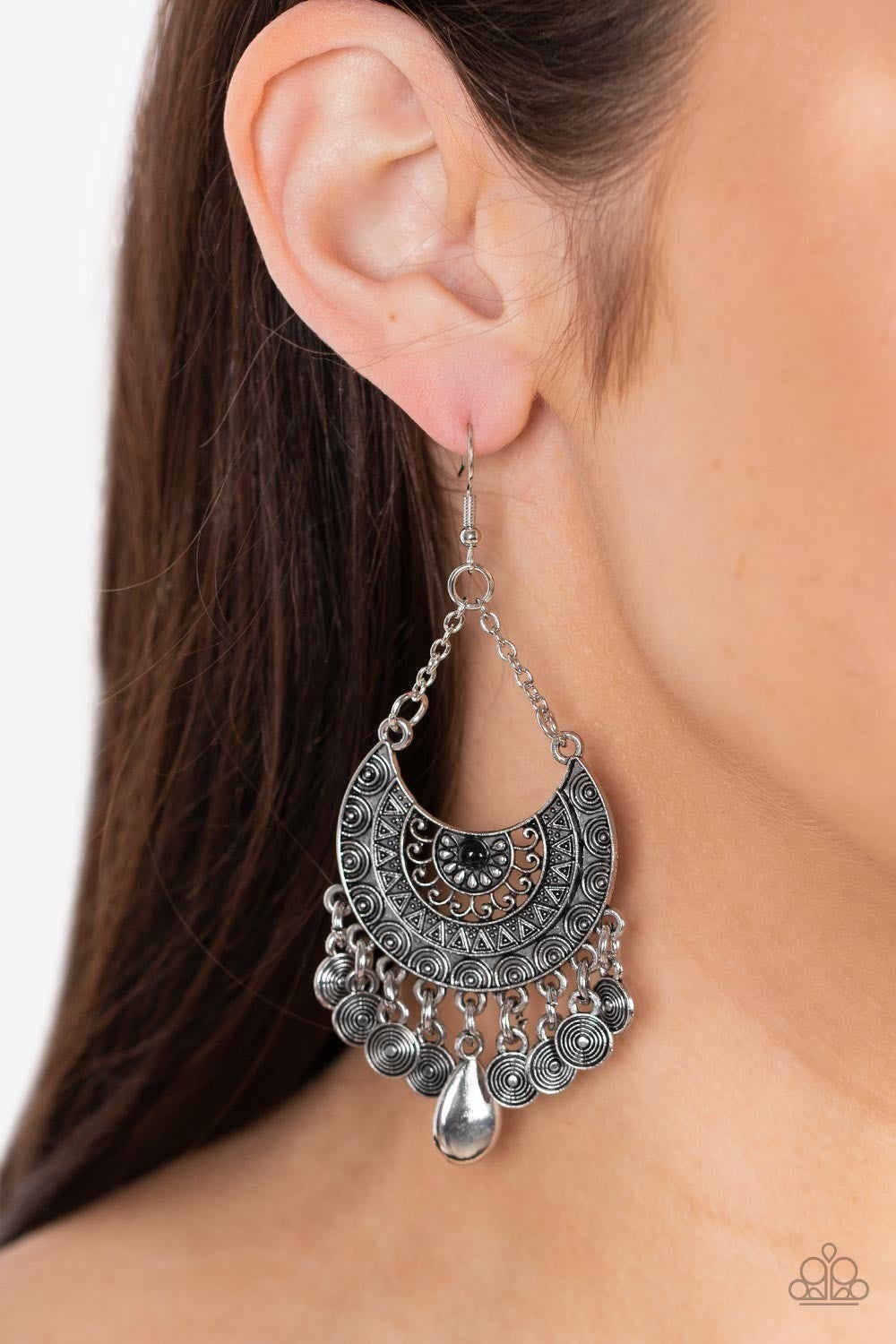 Lunar Allure - Black - Silver Crescent Chandelier Fishhook Earrings - Paparazzi Accessories