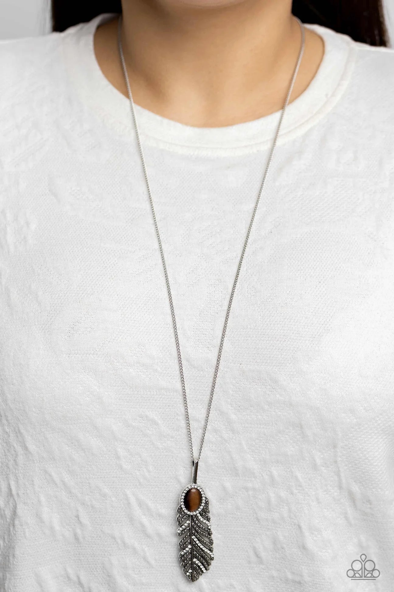 Pure-Quill-Power - Brown Cat's Eye Stone Silver Feather Necklace - Paparazzi Accessories