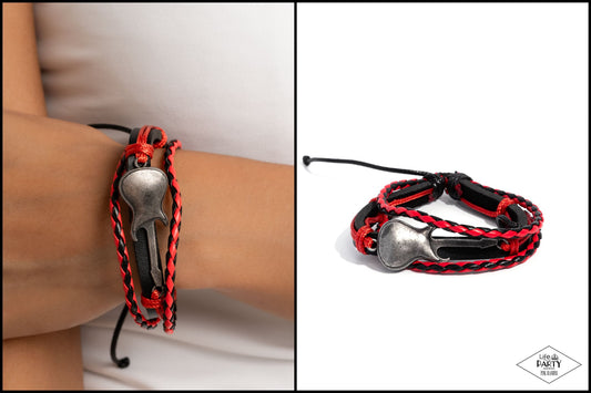 Lead Guitar - Red & Black Leather Silver Guitar Sliding Knot Closure Bracelet - Pink Diamond Exclusive - Paparazzi Accessories