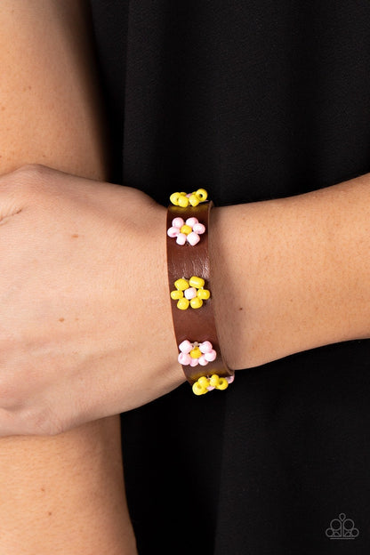 Flowery Frontier - Pink - Seed Bead Flower Leather Bracelet - Paparazzi Accessories