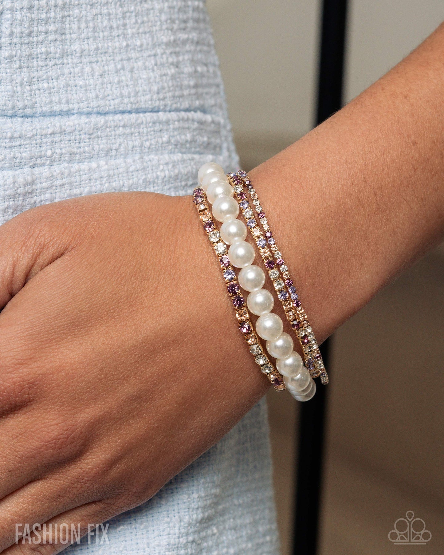 Inherited Indulgence - Multi Rhinestone Strands & Pearl Strand Bracelet - Fiercely 5th Avenue June 2025 - Paparazzi Accessories