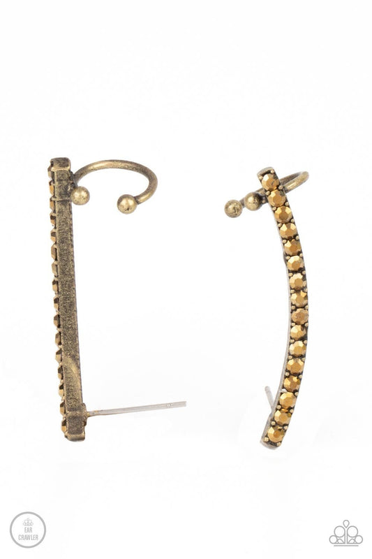 Give Me The SWOOP - Brass - Aurum Rhinestone Ear Crawler Post Earrings - Paparazzi Accessories