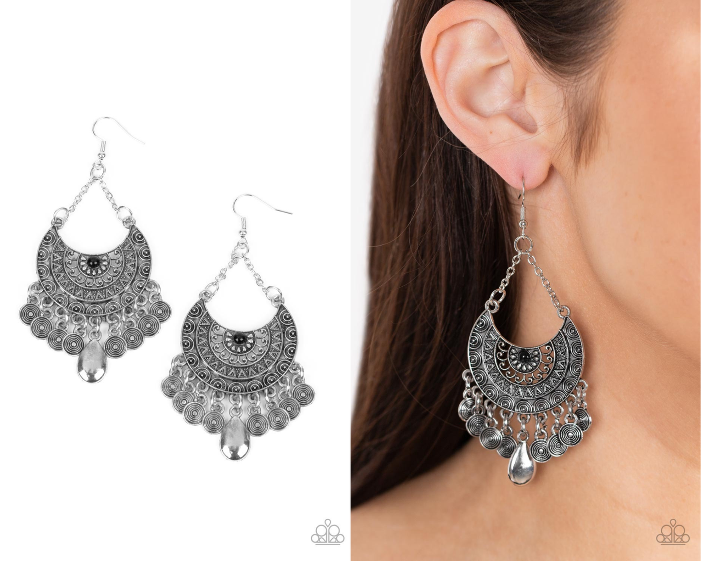 Lunar Allure - Black - Silver Crescent Chandelier Fishhook Earrings - Paparazzi Accessories