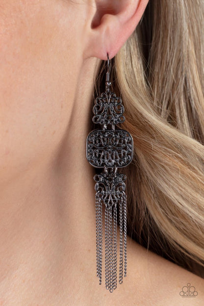 Eastern Elegance - Black - Filigree Gunmetal Earrings - Paparazzi Accessories