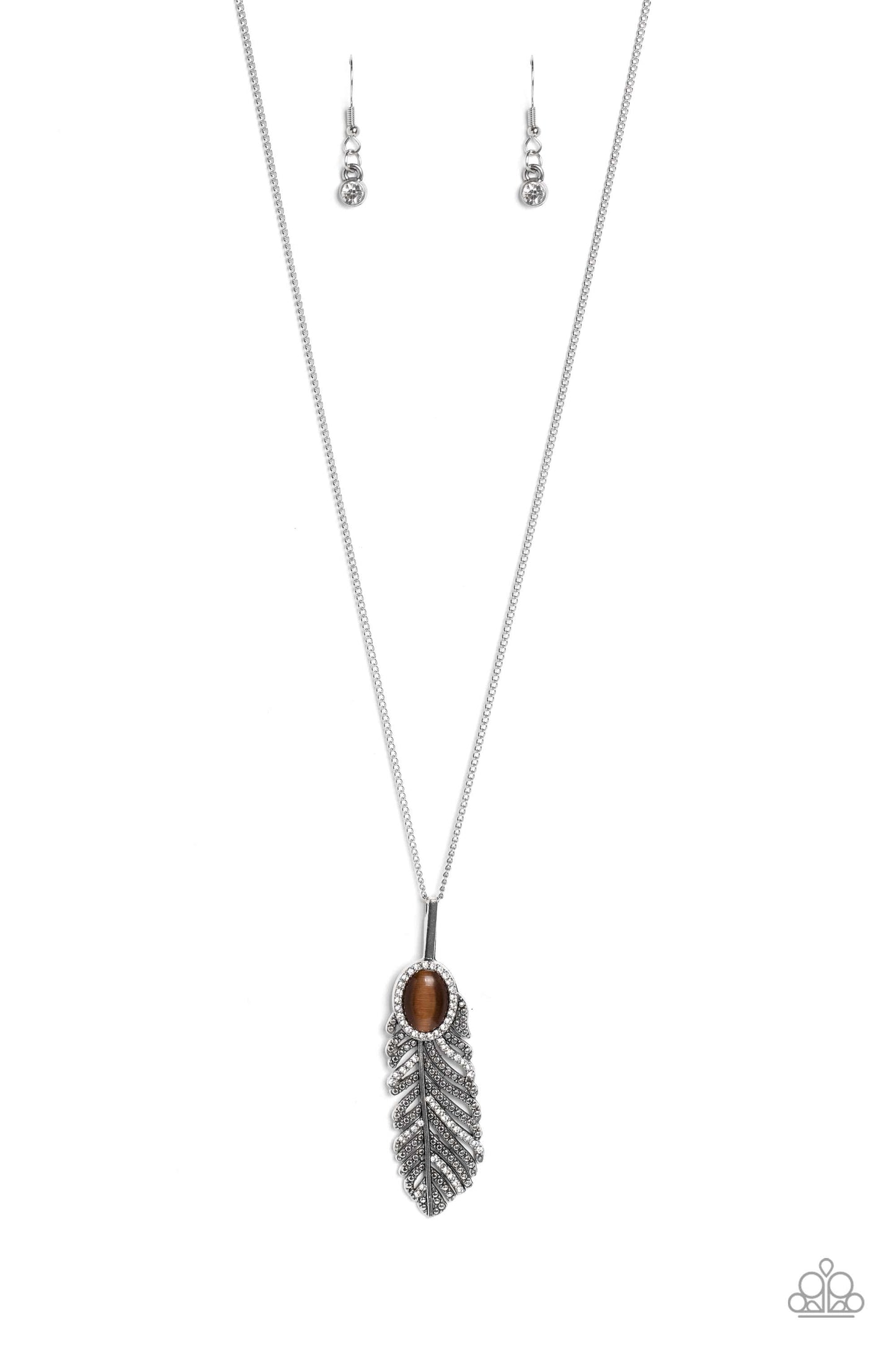 Pure-Quill-Power - Brown Cat's Eye Stone Silver Feather Necklace - Paparazzi Accessories