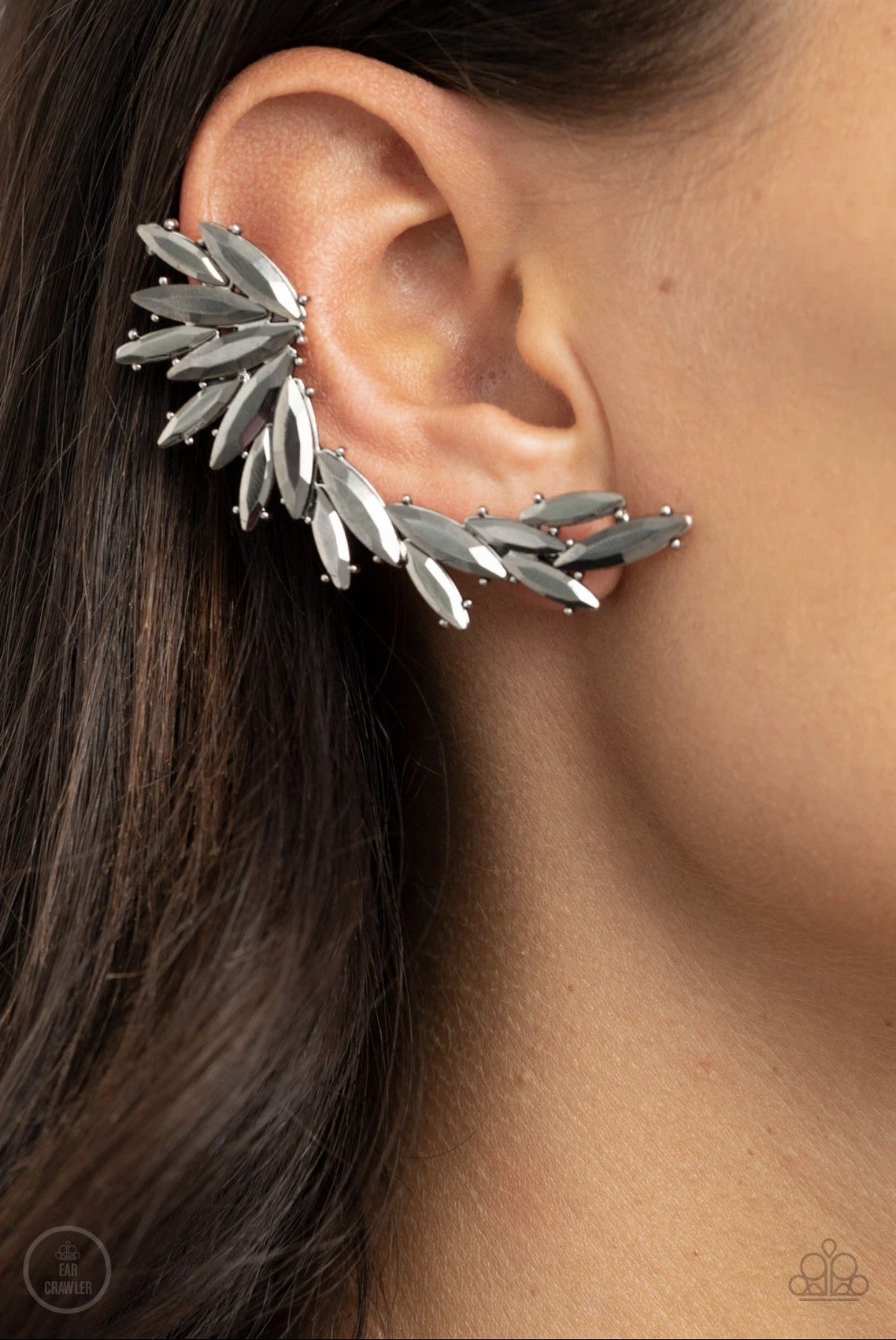 Because ICE Said So - Silver - Hematite Rhinestone Ear Crawler Earrings - Paparazzi Accessories