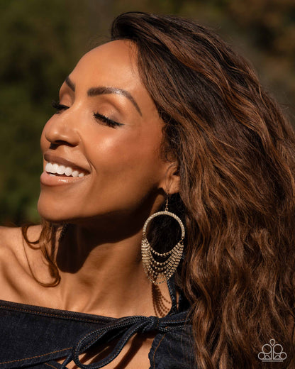 Ostentatious Opulence - Gold & White Rhinestone Strands Fishhook Earrings - Empower Me Pink Exclusive 2025 - Paparazzi Accessories