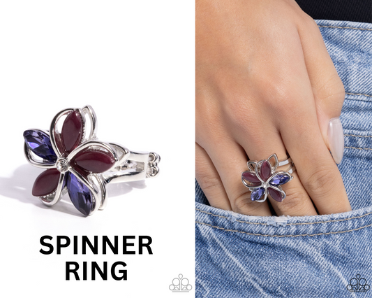Floral Fabrication - Purple Gem & Cat's Eye Flower "Fidget Spinner" Silver Ring - Paparazzi Accessories