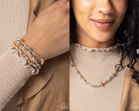 Complete Look - Orange Stone Silver Necklace & Bracelets - Paparazzi Accessories