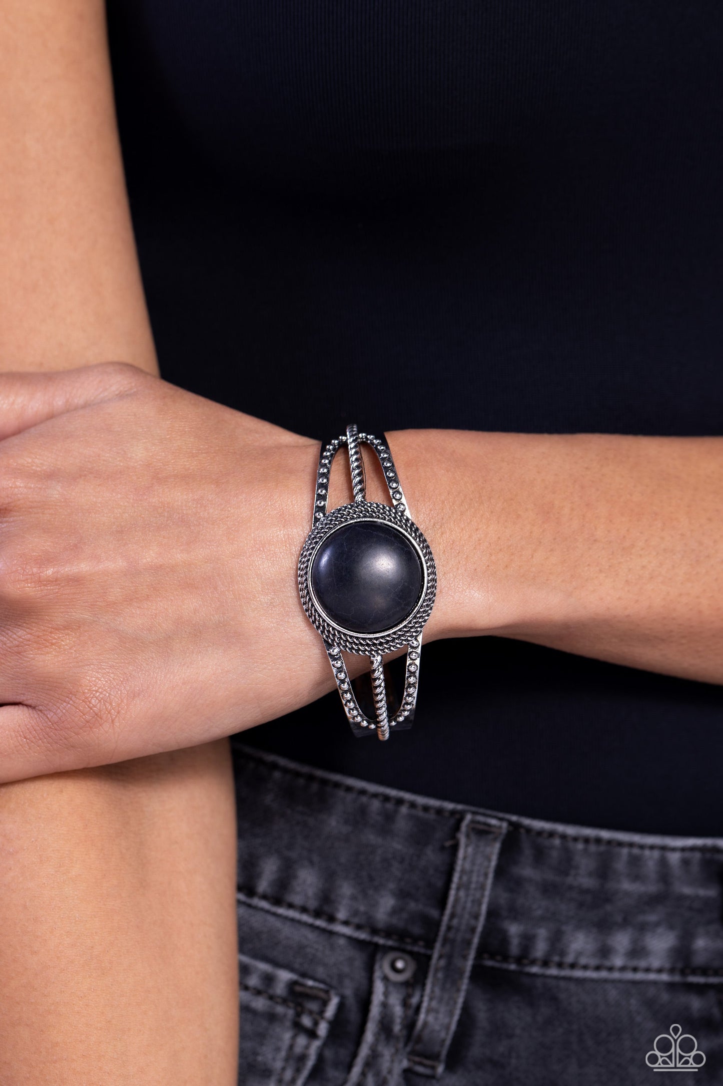 Sandstone Sojourn - Black Stone Silver Cuff Bracelet - Paparazzi Accessories