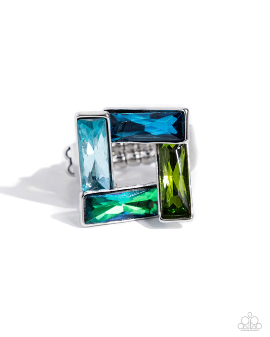 Sinuous Square - Blue & Green Rhinestone Ring - Paparazzi Accessories