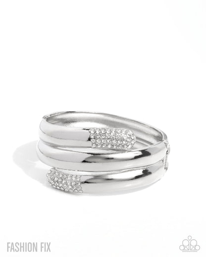 Smooth Similarity - White Rhinestone Hinge Bracelet - Fiercely 5th Avenue August 2025 - Paparazzi Accessories