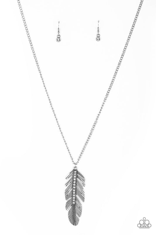 Sky Quest - White Rhinestone Feather Necklace - Paparazzi Accessories