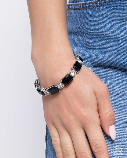 Tonight Only! - Black Onyx Rhinestone Silver Stretchy Bracelet - Paparazzi Accessories