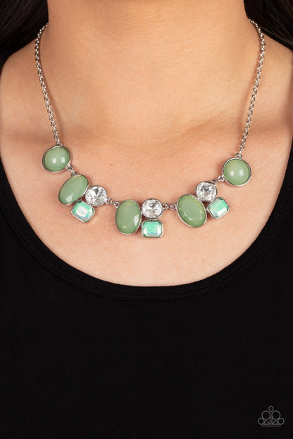 Fantasy World - Green - Iridescent Geometric Gem Necklace - Paparazzi Accessories