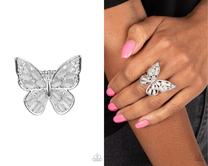 Flying Fashionista - White Rhinestone Butterfly Ring - Paparazzi Accessories