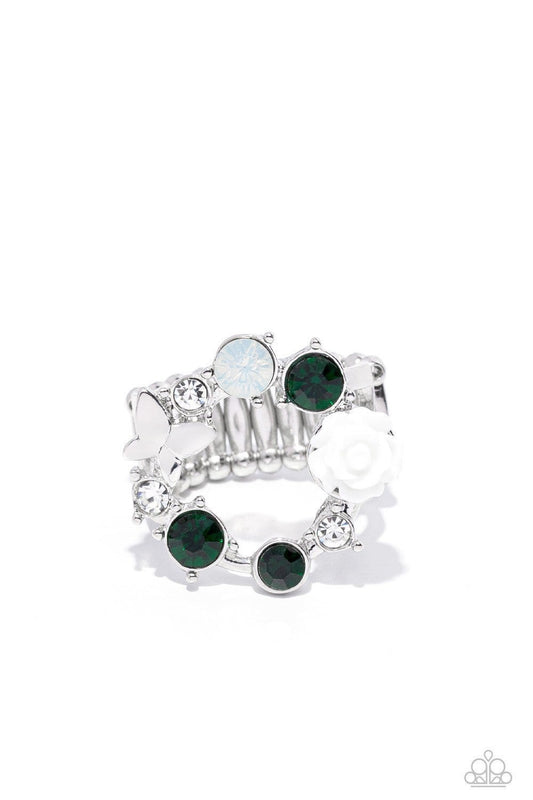 Butterfly Bustle - Green Rhinestone Silver Butterfly Ring - Paparazzi Accessories