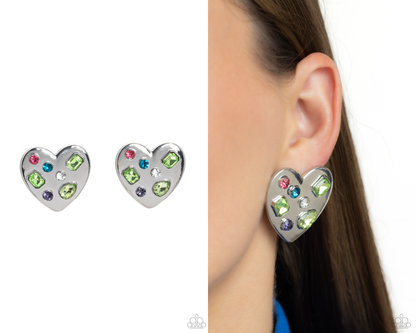 Relationship Ready - Green - Multicolored Rhinestone Silver Heart Post Earrings - Paparazzi Accessories