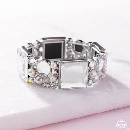 Glam to the Max - White Rhinestone & Pearl Silver Stretchy Bracelet - Empower Me Pink Exclusive 2025 - Paparazzi Accessories