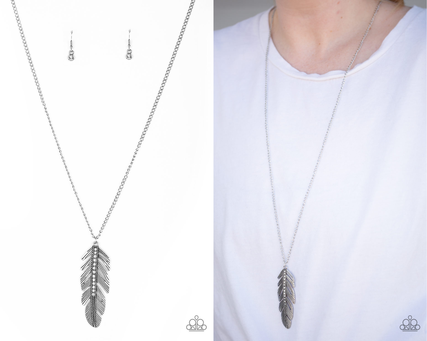 Sky Quest - White Rhinestone Feather Necklace - Paparazzi Accessories