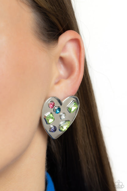 Relationship Ready - Green - Multicolored Rhinestone Silver Heart Post Earrings - Paparazzi Accessories