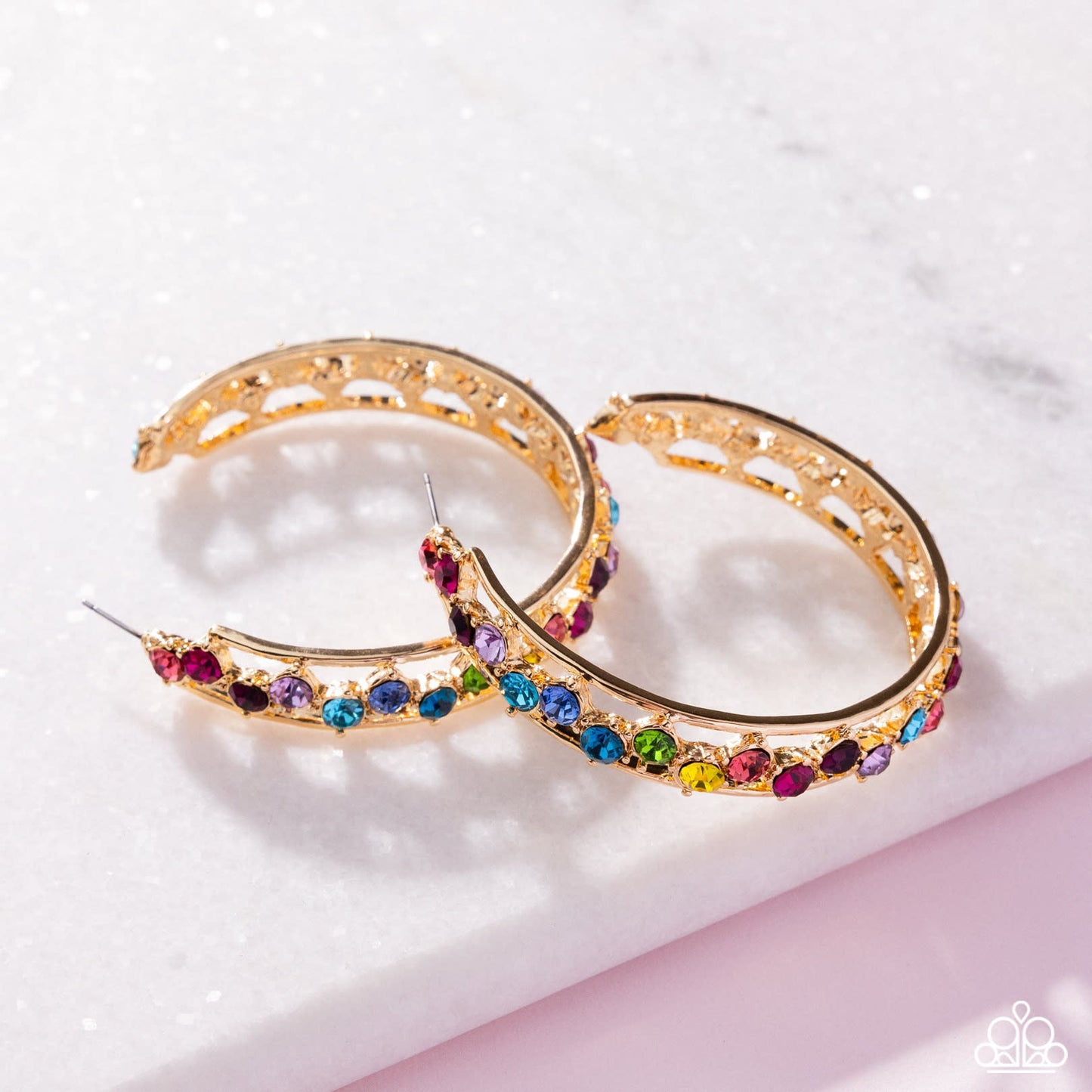 Scattered Sophistication - Gold Rainbow Rhinestone Hoop Earrings - Empower Me Pink Exclusive 2025 - Paparazzi Accessories