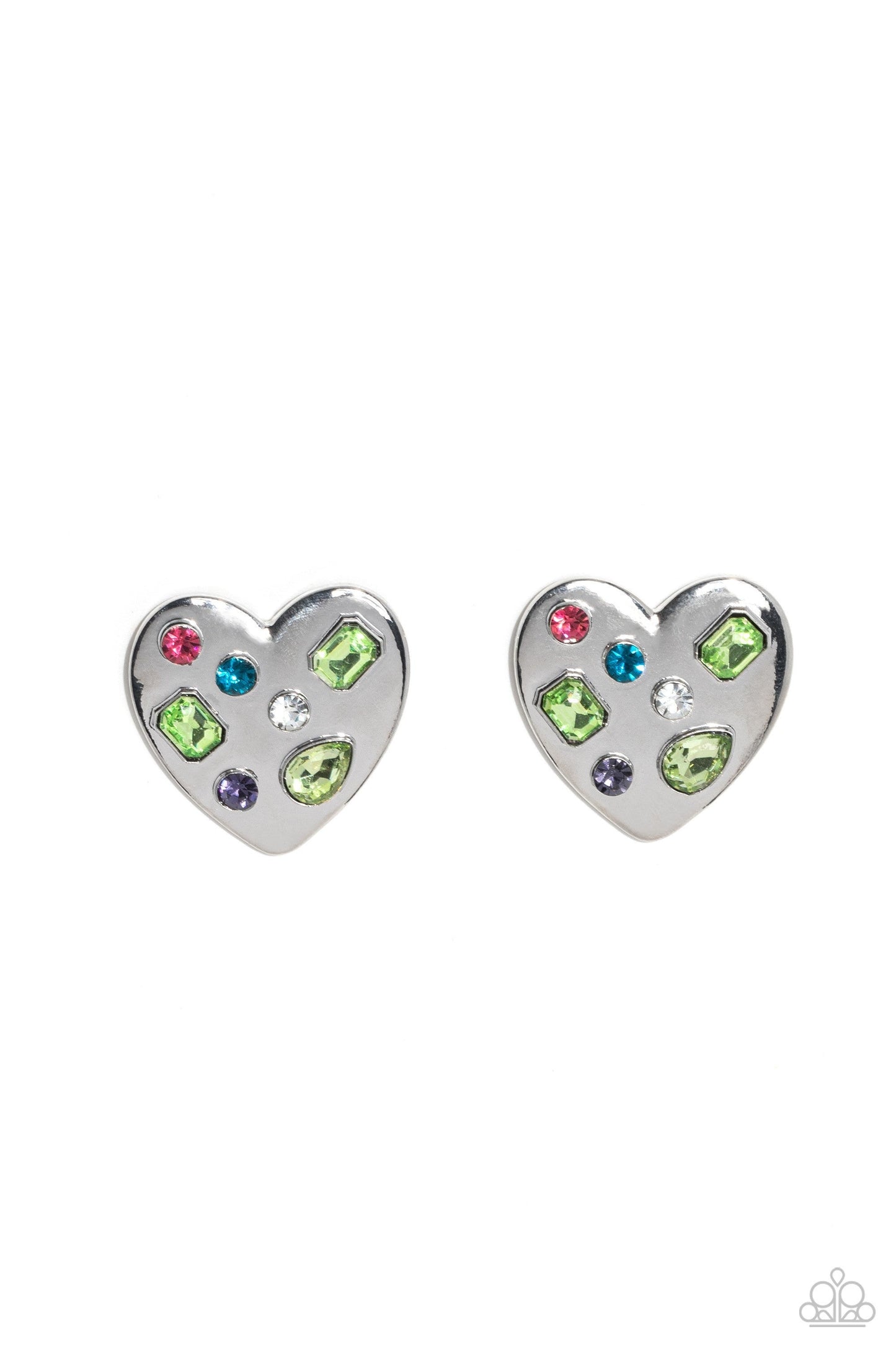 Relationship Ready - Green - Multicolored Rhinestone Silver Heart Post Earrings - Paparazzi Accessories