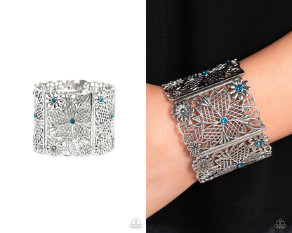 Garden City - Blue Rhinestone Floral Filigree Stretchy Bracelet - Paparazzi Accessories