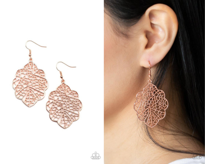 Meadow Mosaic - Copper - Leaf Frame Fishhook Earrings - Paparazzi Accessories