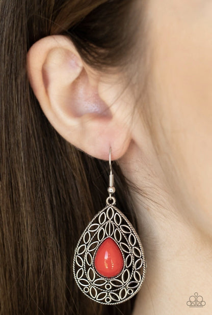 Fanciful Droplets - Red - Teardrop Frame Fishhook Earrings - Paparazzi Accessories