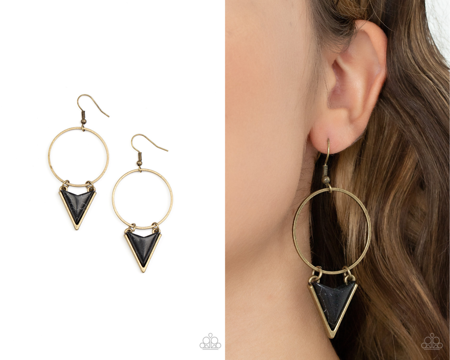 Sahara Shark - Brass - Black Stone Triangle Earrings - Paparazzi Accessories