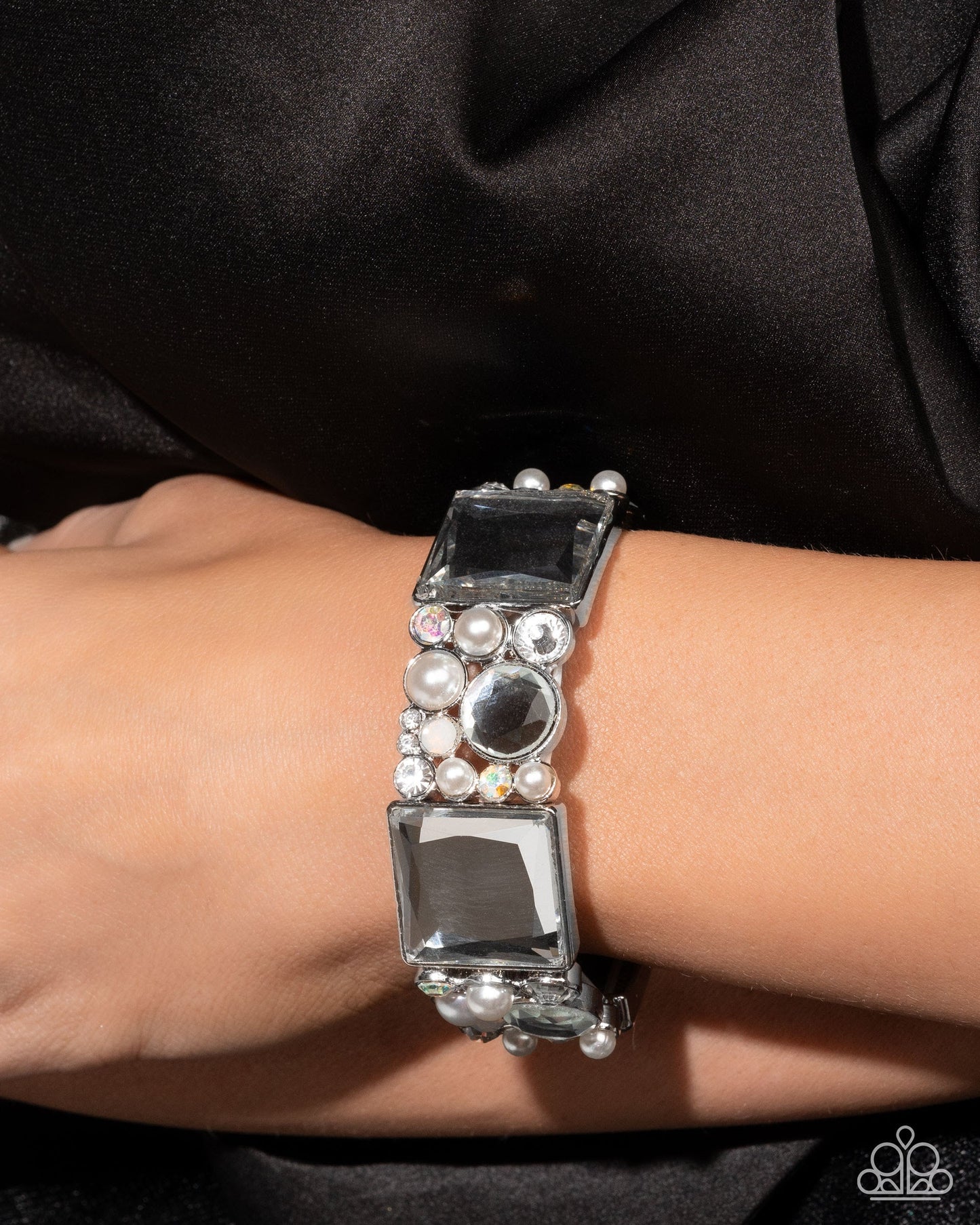 Glam to the Max - White Rhinestone & Pearl Silver Stretchy Bracelet - Empower Me Pink Exclusive 2025 - Paparazzi Accessories